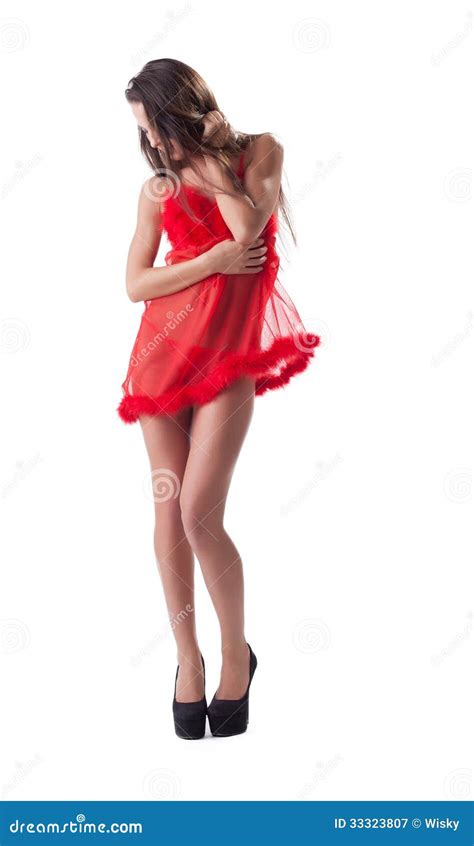 Pretty Slender Woman Posing In Red Erotic Negligee Stock Image Image