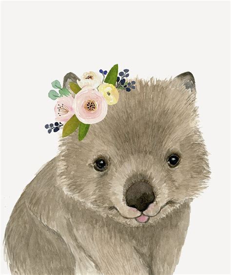 Cute Baby Wombat Flower Crown Nursey Print Australian Etsy Baby