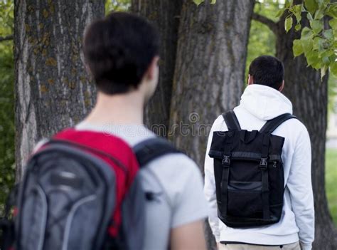 Two Friends With Tourist Backpacks Are Walking In The Forest Back View Stock Image Image Of