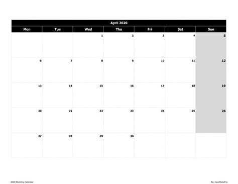 Download 2020 Monthly Calendar Mon Start Black And White Excel Template