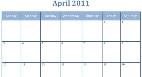 Printable Blank Pdf April 2011 Monthly Calendar Printable Blank Pdf