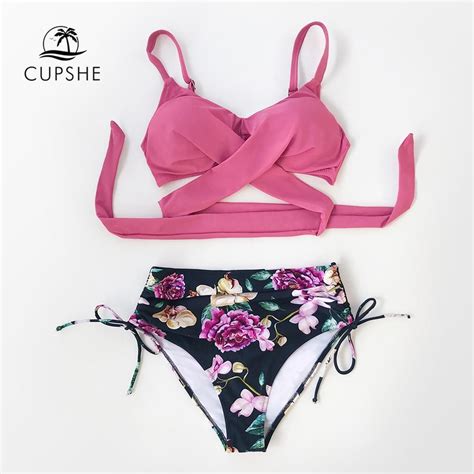 cupshe pink and floral print bikini sets sexy lace up padded cups swimsuit two pieces swimwear