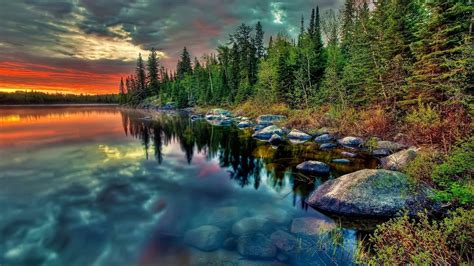 Beautiful Scenery Nature View Trees Forest Reflection On Water During Sunset Under Blue Black