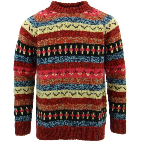 Wool Knit Jumper Sweater Pullover Fairisle Nordic Abstract Warm Nepal