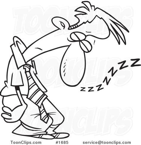 Cartoon Black And White Outline Design Of A Tired Business Man Sleeping