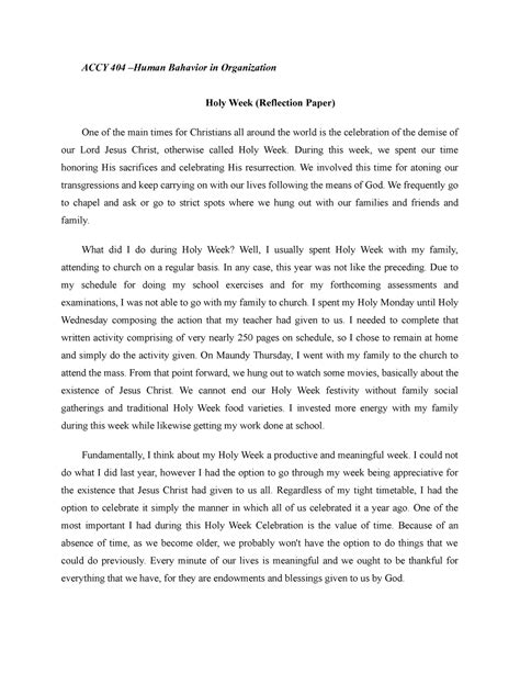 HOLY WEEK REFLECTION PAPER ACCY 404 Human Bahavior In Organization