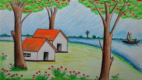 How To Draw Beautiful Scenery With Colour Pencils Youtube