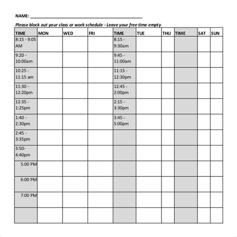 class schedule template   word excel documents
