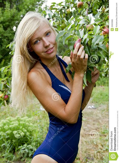 The Beautiful Girl The Blonde In A Dark Blue Bathi Stock Image Image