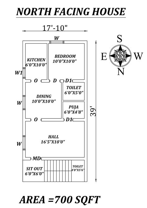 North facing independent floorhome plan. 17'10" X 39' Single BHK North facing small House Plan As ...