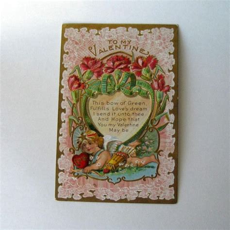 Valentine Postcard With Cupid Carrying Quill And Arrows Embossed Lacy Background Vintage