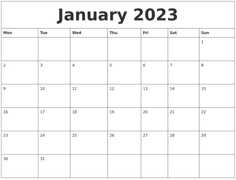 January 2023 Calendar Layout