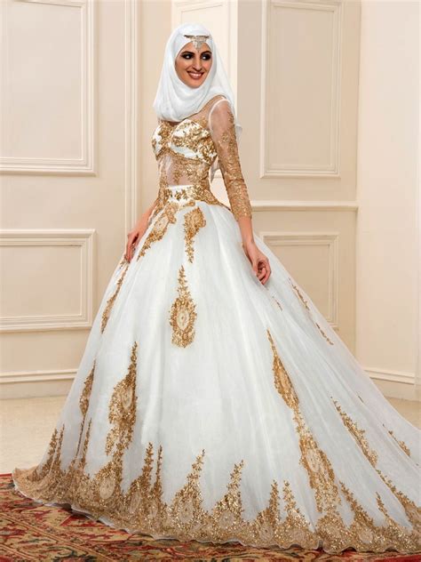 Luxurious Muslim Wedding Gown With Gold Sequins And Long Sleeves Free Shipping