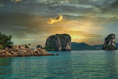 Exotic Island Rocks In The Blue Sea Sunrise Thailand Krabi Stock