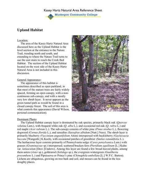 Upland Habitat Kasey Hartz Natural Area Reference Sheet