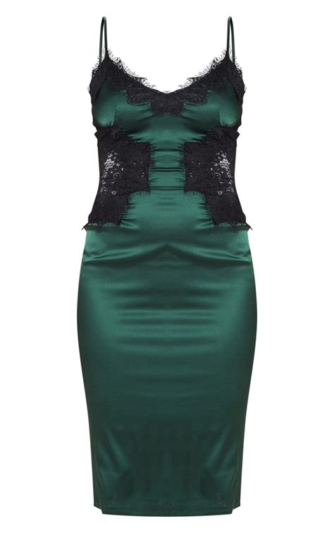 Emerald Green Satin Lace Midi Dress Dresses Prettylittlething Usa