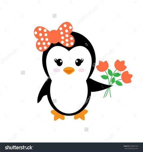 Cartoon Cute Penguin Girl With Flowers Pinguïns Spotprent Cartoons
