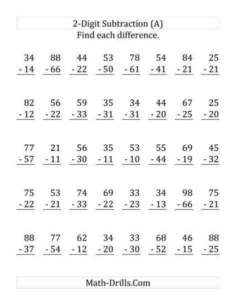 Free Double Digit Subtraction Worksheets