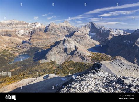 Aerial Landscape View Lake Ohara Alpine Basin Distant Canadian Rocky