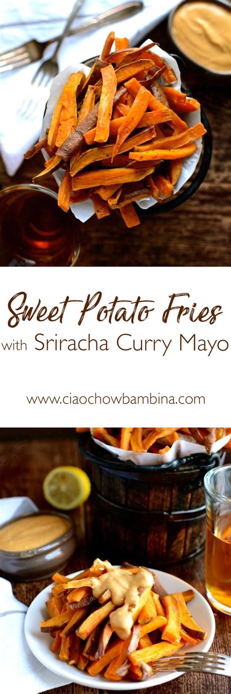 The thinner the sticks, the crispier the fry, so keep that in mind when chopping them. Crispy Baked Sweet Potato Fries with Sriracha Curry Mayo