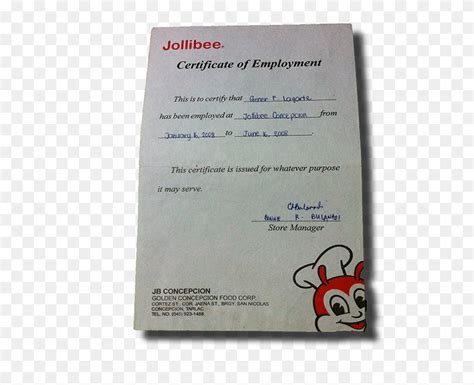 Portpolio2 Certificate Of Employment Jollibee Hd Png Download