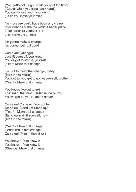 (how does language shape the meaning?) the song explores change within an individual by this quote proves that when the song is rhymes and flows well, it makes learning the lyrics a lot. Man in the Mirror Lyrics worksheet