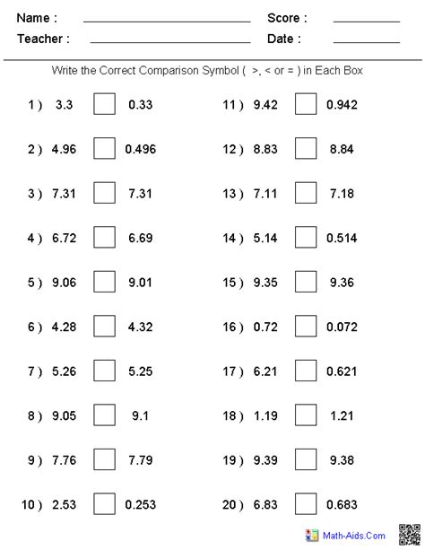 Math Worksheet Creator Decimals