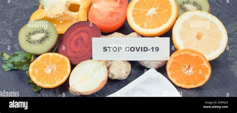 Inscripci N Stop Covid M Scara Protectora Y Frutas Maduras Y Saludables Con Verduras Que