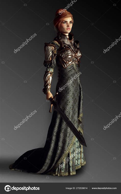 Fantasy Medieval Woman Sword Armor Long Gown Stock Photo By ©ravven