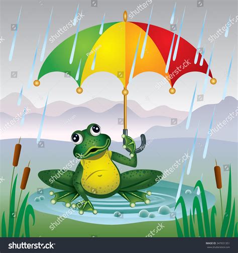 Frog Colorful Umbrella Sitting Puddle Rain Vector De Stock Libre De