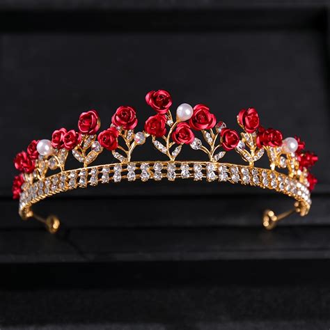 Gold Color Flower Crystal Crown Tiara Red Rose Elegant Hairband Headband Diadem Women Bridal