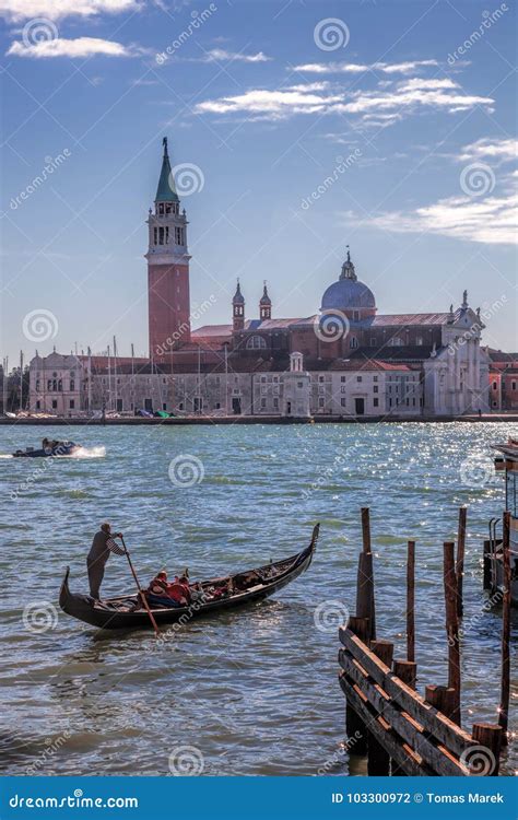 Gondola Against San Giorgio Island In Venice Italy Editorial