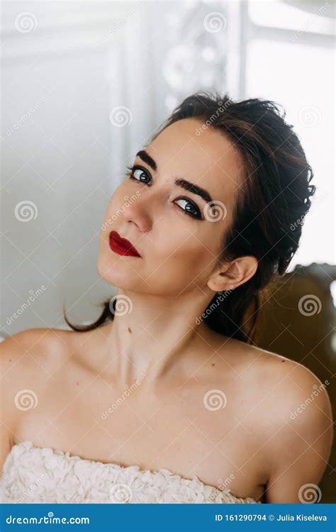 Close Portrait Of A Tanned Brunette Summer Beauty Stock Photo Image