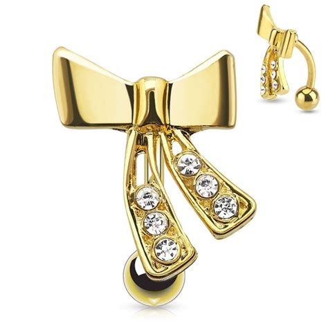 Ribbon With Cz Top Down 14kt Gold Plated Navel Belly Button Ring Surgical Steel Body Jewelry