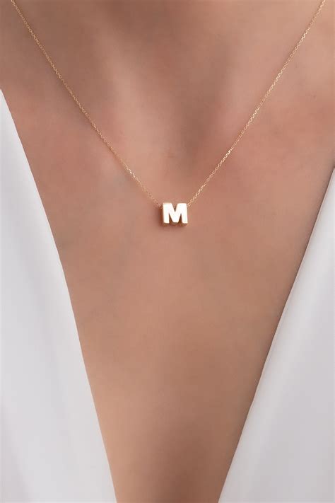 Letter M Necklace Pendant 14k Solid Yellow Gold Etsy