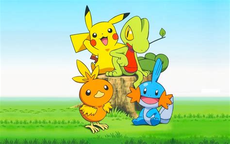Torchic Pikachu Mudkip And Treecko Near A Tree Stump Hd