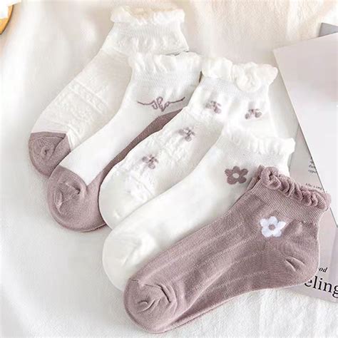 5pairs 10pcs Summer Short Women Cartoon Socks Low Tube Cool Socks Set Cute Flower Print Ankle