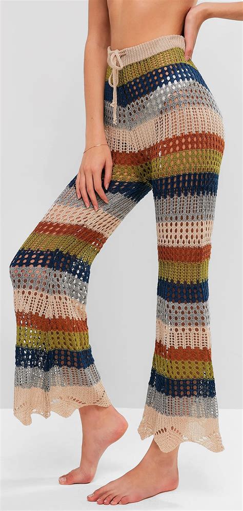 Drawstring Multi Striped Bootcut Crochet Pants Crochet Pants Pattern