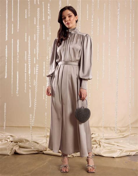 Büzgülü Saten Abiye Elbise Gümüş Brightness Collection Elbise