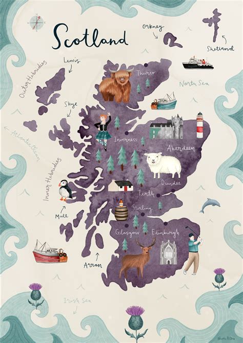Scotland Illustrated Map Fine Art Giclee Print Travel Maps Travel