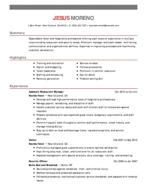 Resume Template For Hotel Management