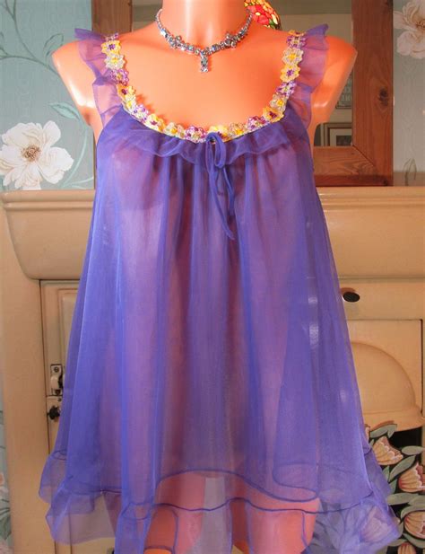 Vintage Purple Multi Softest Chiffon 2 Ply Frilly Babydoll Nightie Gown
