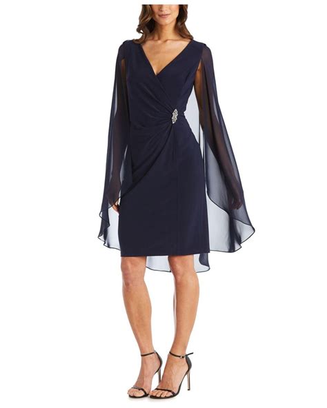 R And M Richards Petite Embellished Chiffon Cape Dress In Navy Blue Blue