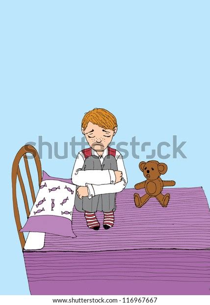 Illustration Sad Boy Sitting On Bed Stock Illustration