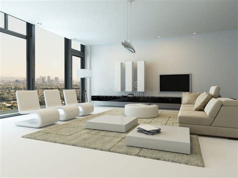 Luxury Living Room Interior With White Couch And Seascape View Stock