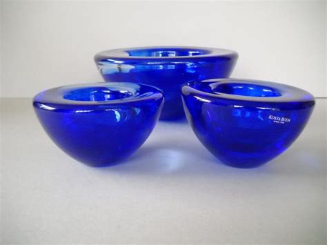 Kosta Boda Atoll Glass Bowl And Tealight Holder Candleholder Set Cobalt Blue Swirl Anna Ehrner