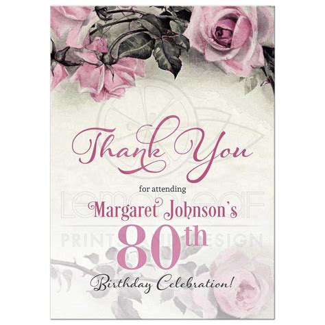 80th Birthday Thank You Card Vintage Pink Grey Rose