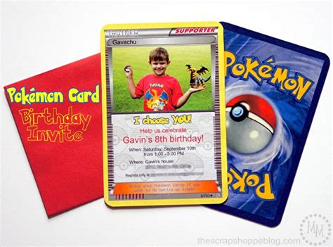 Listed are some variations of invitation cards, ranging from small and square to thin and oblong. Pokémon Card Birthday Invitation - The Scrap Shoppe