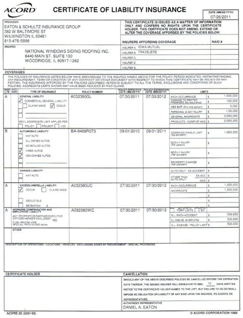 Acord Certificate Of Insurance Fillable Form Printable Forms Free Online