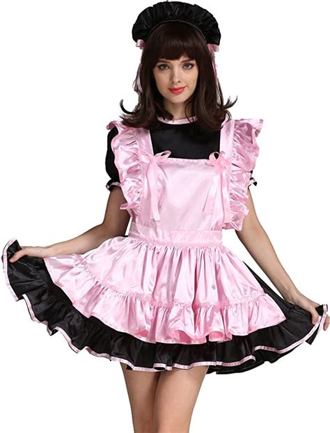 Gocebaby Women Sissy Maid Pink Black Satin Dress Uniform Costume
